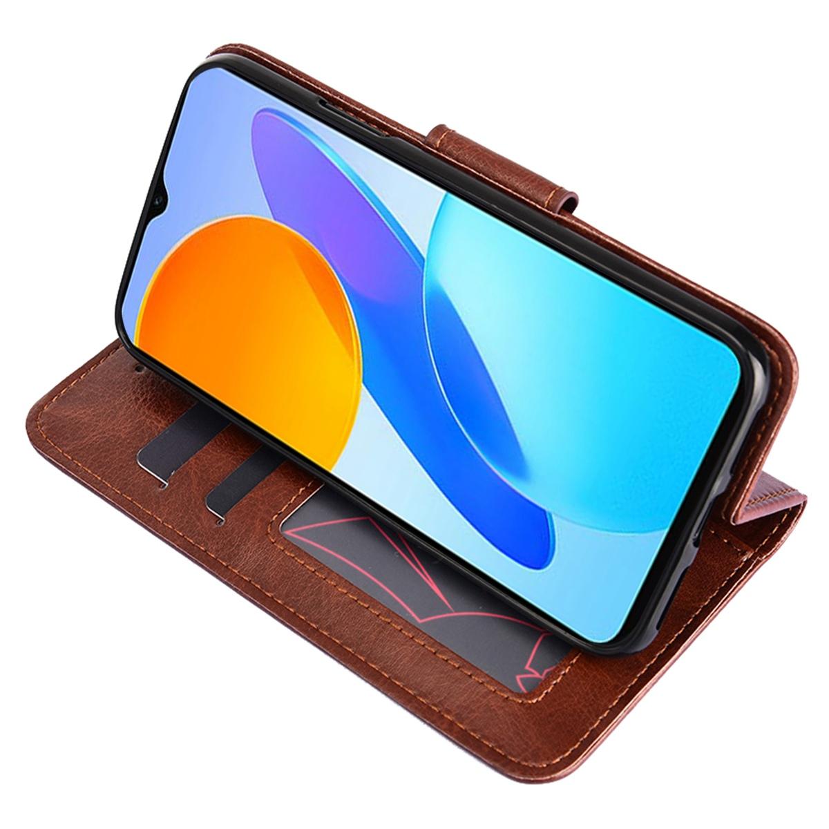

For Honor X8 5G/X6 4G Textured PU Leather Magnetic Clasp Phone Case Wallet Stand Drop-proof Inner TPU Cover Brown