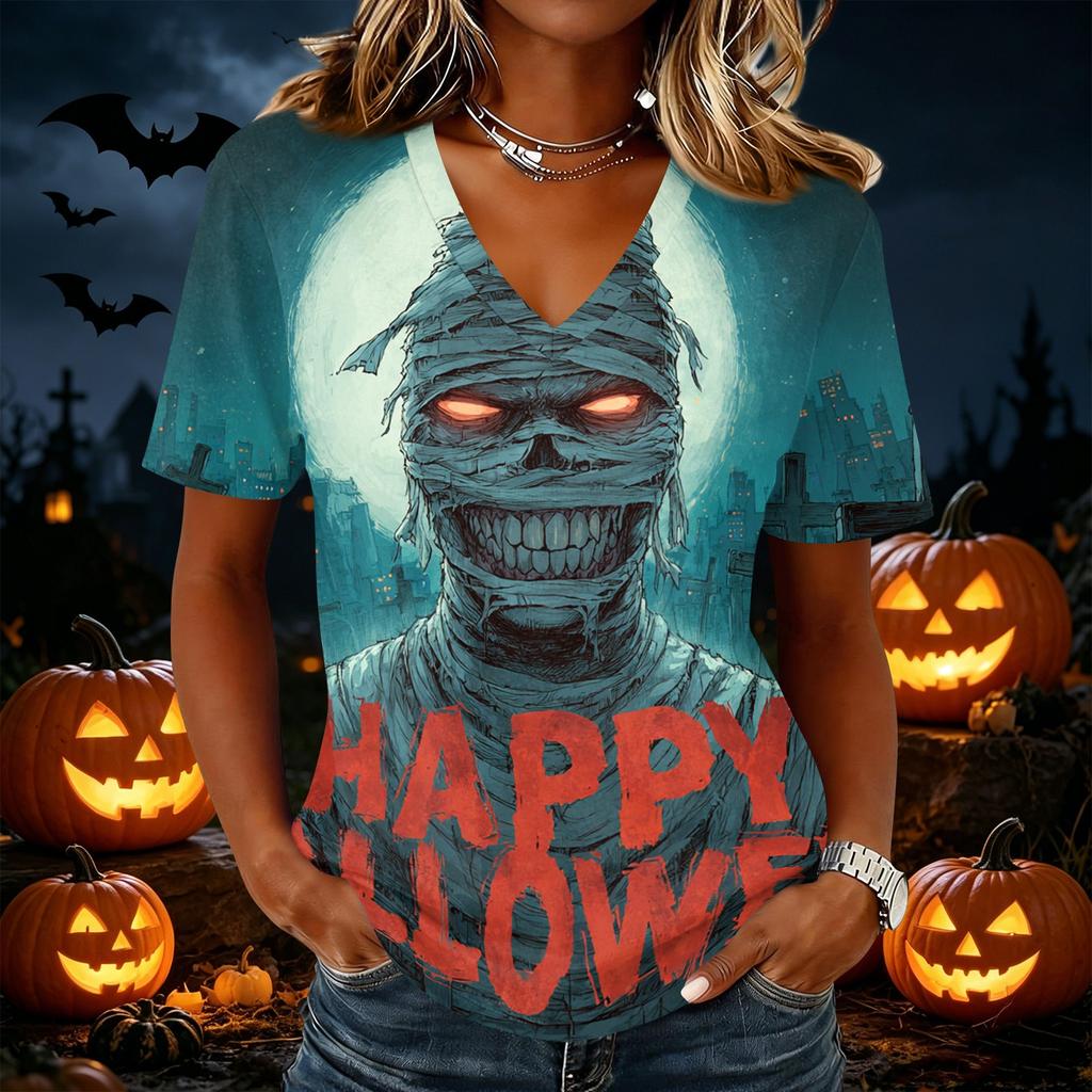 Women's Halloween Print V-Neck Short Sleeve Casual Pullover Top