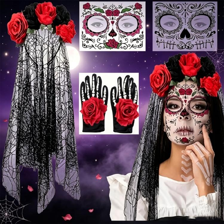 Party Ready Gothic Lace Hairpiece Set with Rose Trim and Matching Gloves for Halloween Cosplay Costume Looks and Photos