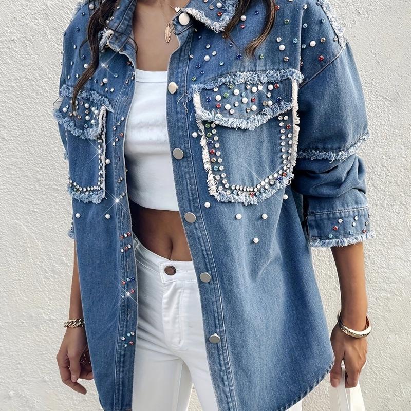 

2026 Rhinestone Lapel Long Sleeve Button-Up XL