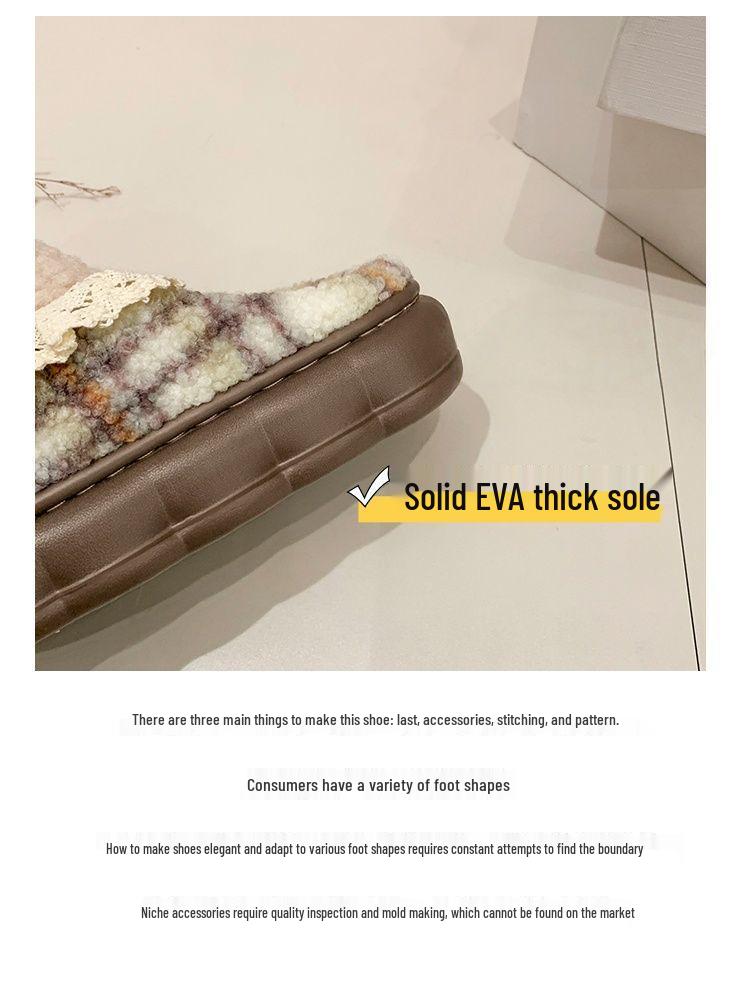 Women's Cotton Slippers Autumn/Winter 2025: Korean Style with Lace Bow, Thick Non-Slip Sole, Warm for Indoor Use.