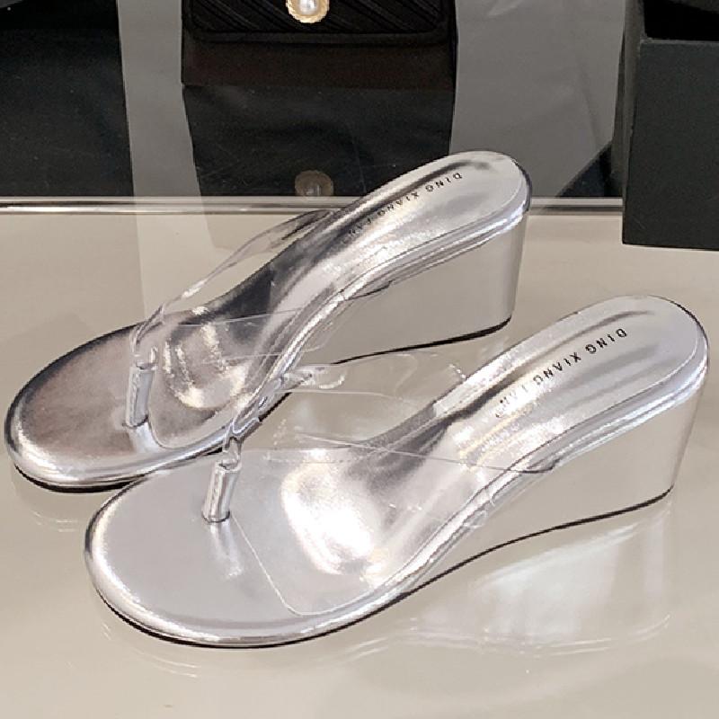 

Fashion Fashion Round Toe Wedges Clamp The Foot Women Flip Flops Transparent PVC Slide Sandals Simple Comfortable Non-slip Beach Shoes 40 серебряный
