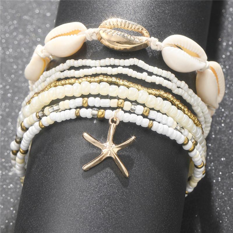 Starfish Beads Pearl Chain Anklet Set for Women, Charm, Ankle Bracelet On the Leg, Handmade Jewelry, Gifts, Summer, Beach, Fashi