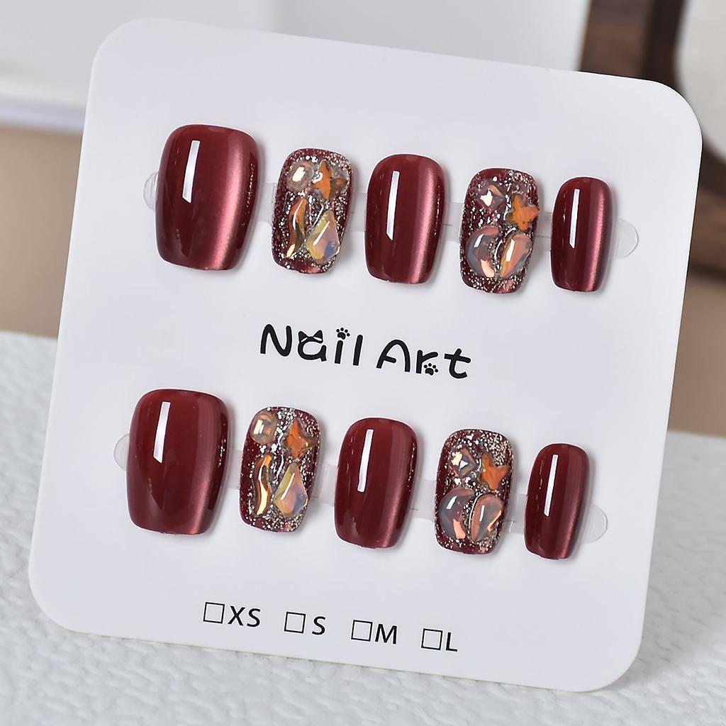 10 Pcs Cherry Red Short Square Press On Nails Cute Glistening Rhinestone Removable Fake Nail Art Tips For Women