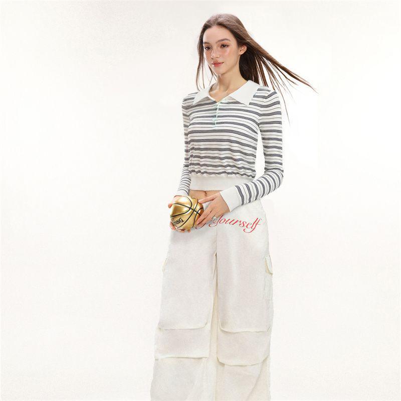Korean Preppy Striped Polo Collar Sweater - Women's Casual Autumn Knitted Top