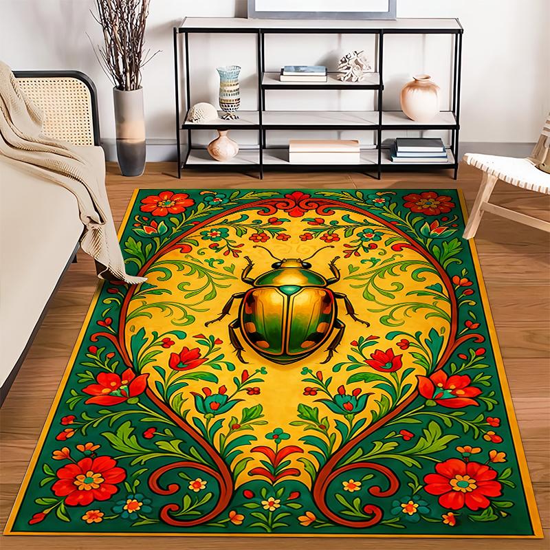 Colorful Beetle and Floral Pattern Carpet with Green and Red Motifs Suitable for use as an anti-slip for living room bedroom sofas