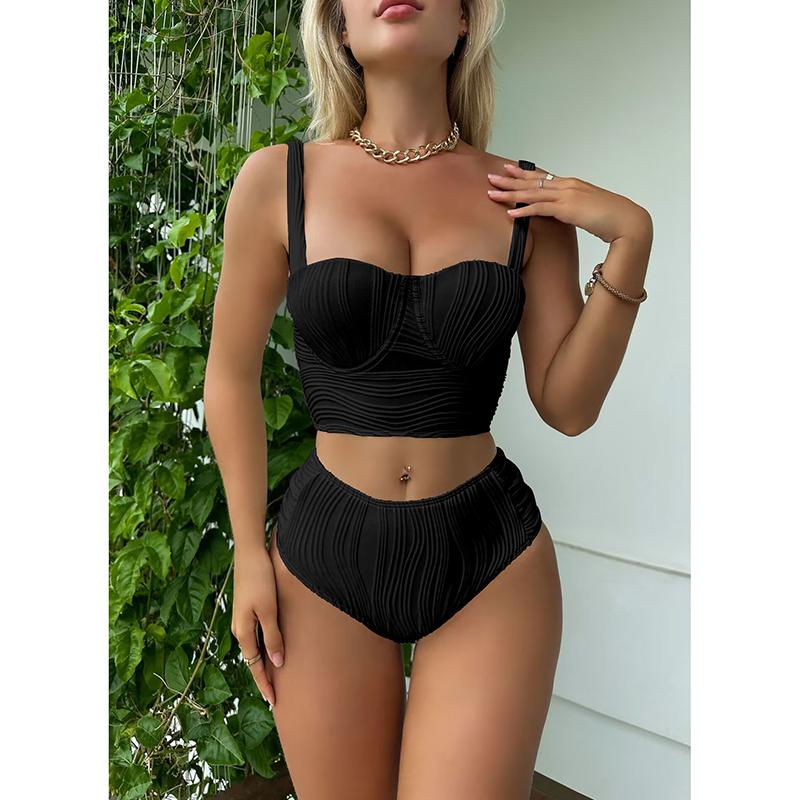 New Wrinkled Underwired Female Swimsuit High Waist Bikini Women Swimwear Solid Bikini Set Bather Bathing Suit Swim Female