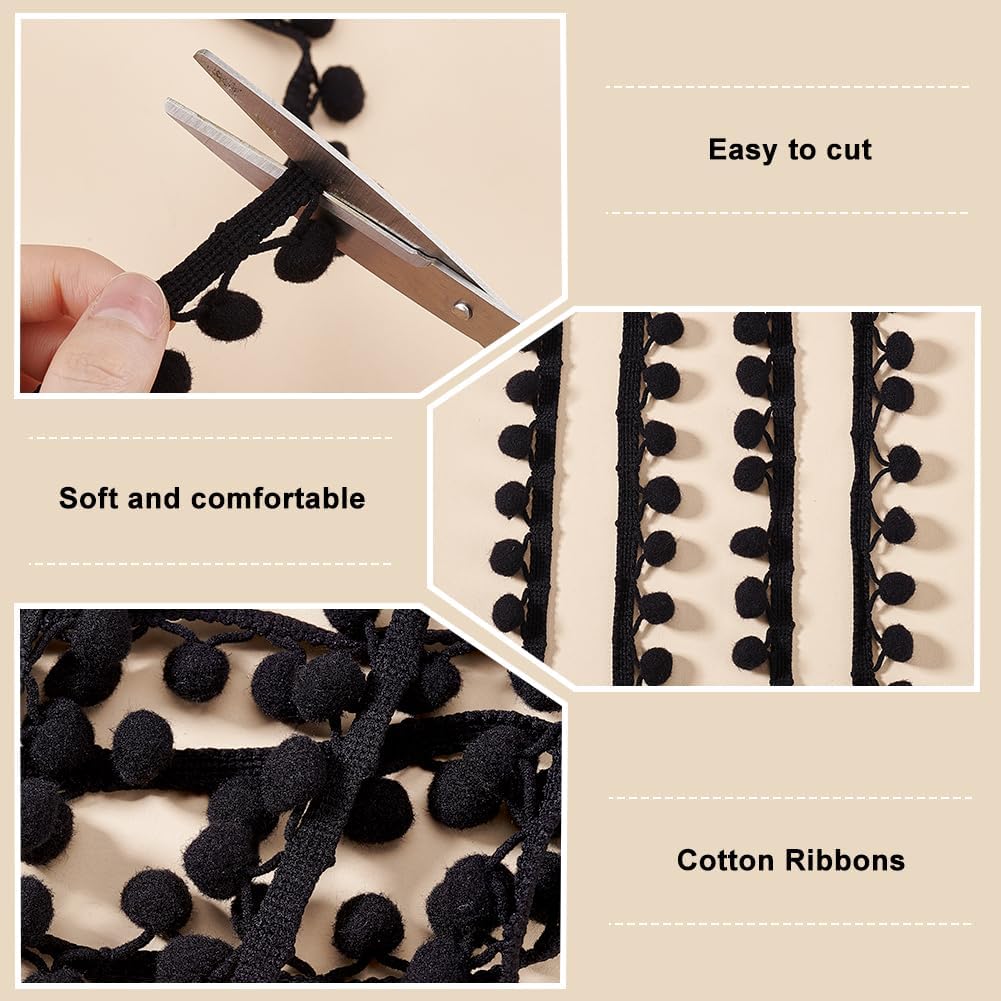 PH PandaHall 20 Yards Cotton Pom Poms Balls Fringe Trim, 13mm Round Pompoms Ball Triangle Connect Tassel Trim Black Ribbon Fringe Tassel Lace for DIY