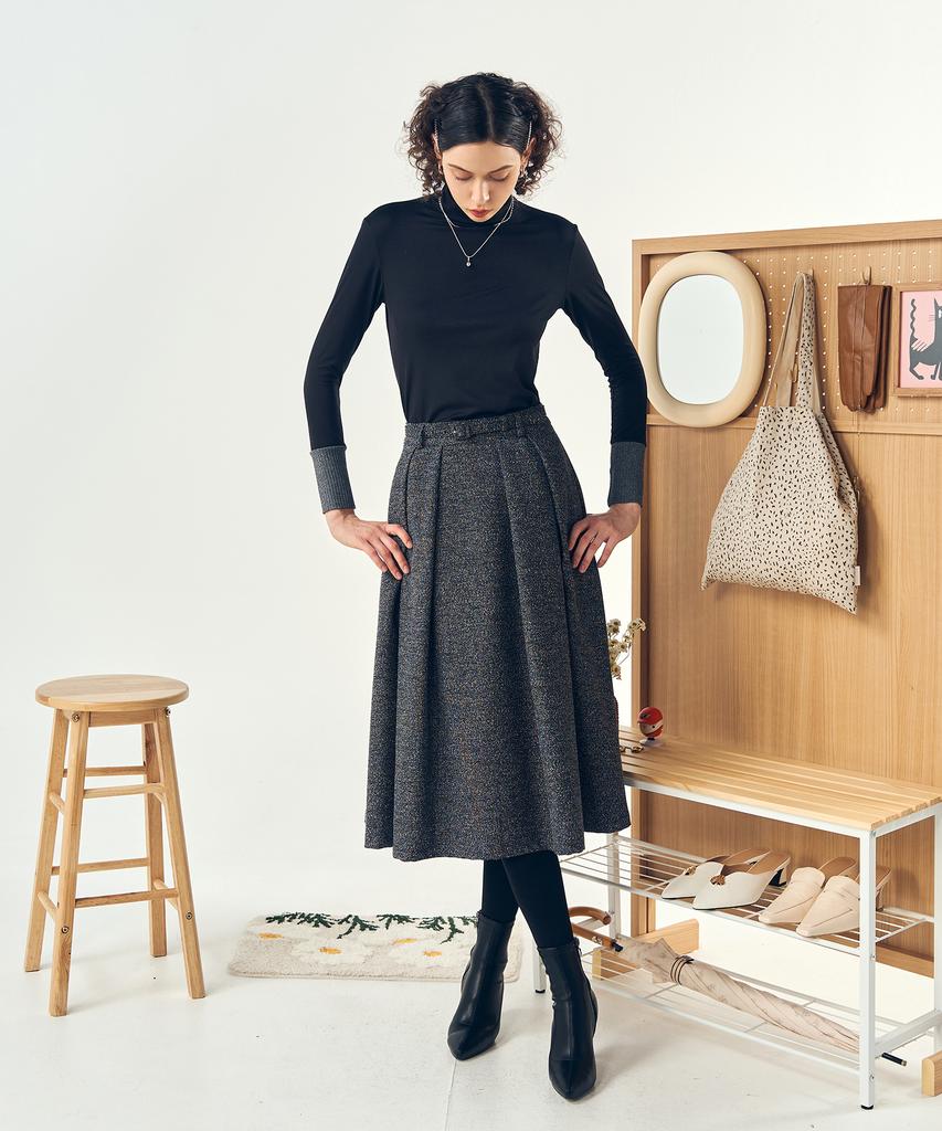 Pelimela Twill A-Line Belted Skirt (Gray)
