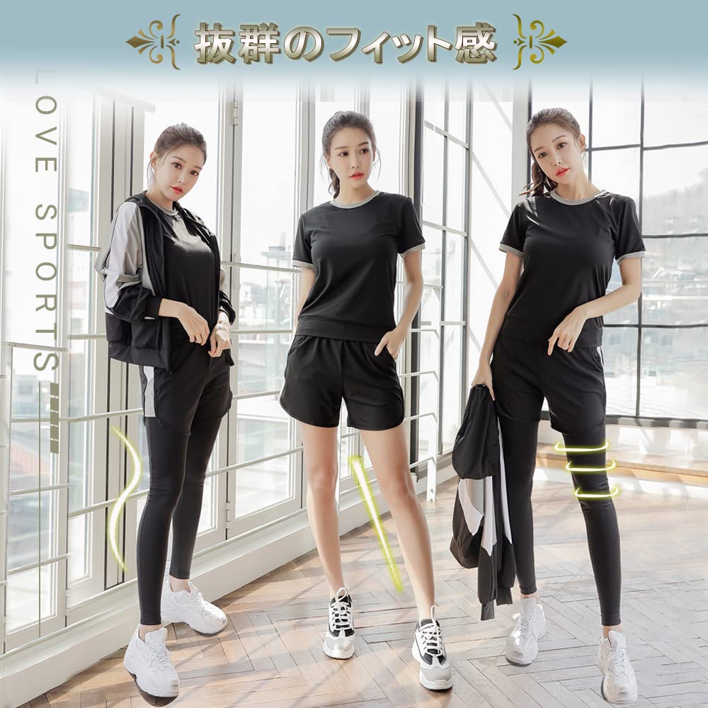 DawnRain Sportswear Set for and Includes Short and Leggings Women's 5-Piece Running, Fitness, Walking, Training, Top, Sleeves, Pants, Shorts,