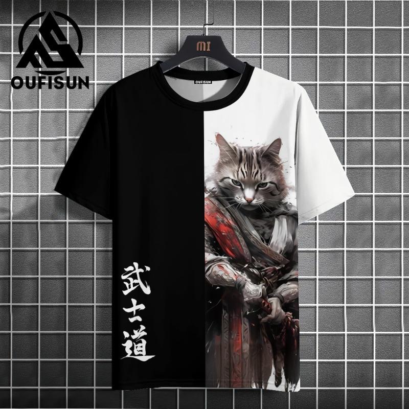 Men's T-Shirt Cartoon Cat Graphic Japanese Samurai Print Casual Pullover For Men Top Loose Short Sleeve Tees Men's Clothing Tops