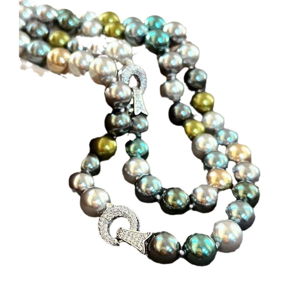 Vintage High-Quality High-Gloss Morandi Color Faux Crystal Tahitian Malachite Green Pearl Necklace Collarbone