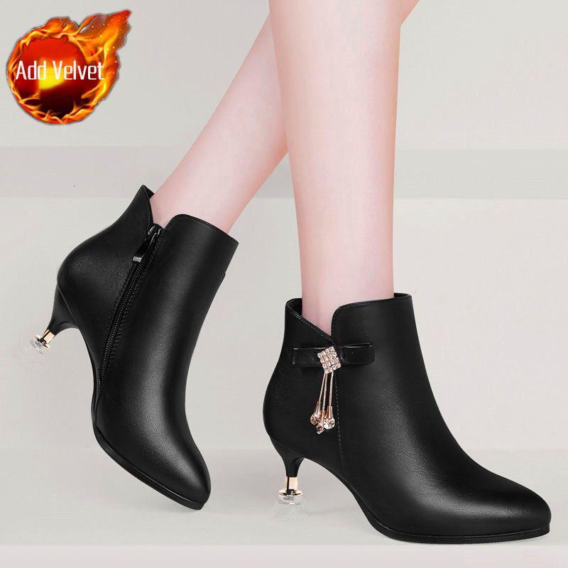 Rhinestone Pointed Toe Ankle Boots for Women Autumn Winter Elegant with Medium Heels Warm Woman Short Shoes Black New in Booties