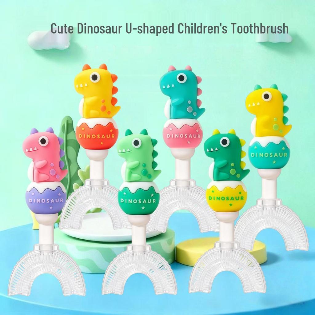 Children's U-Shape Toothbrush: Soft Silicone Bristles, Dinosaur Handle, Ages 1-12.