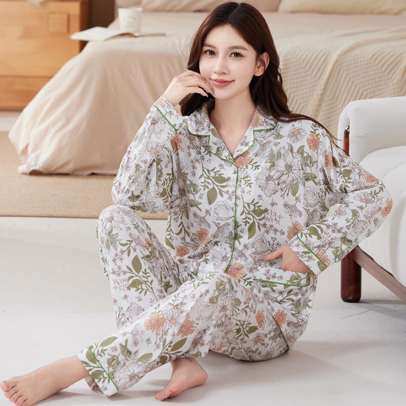 Fashion sweet printed pajamas women's spring and autumn imitation cotton long-sleeved loungewear large size comfortable mother suit