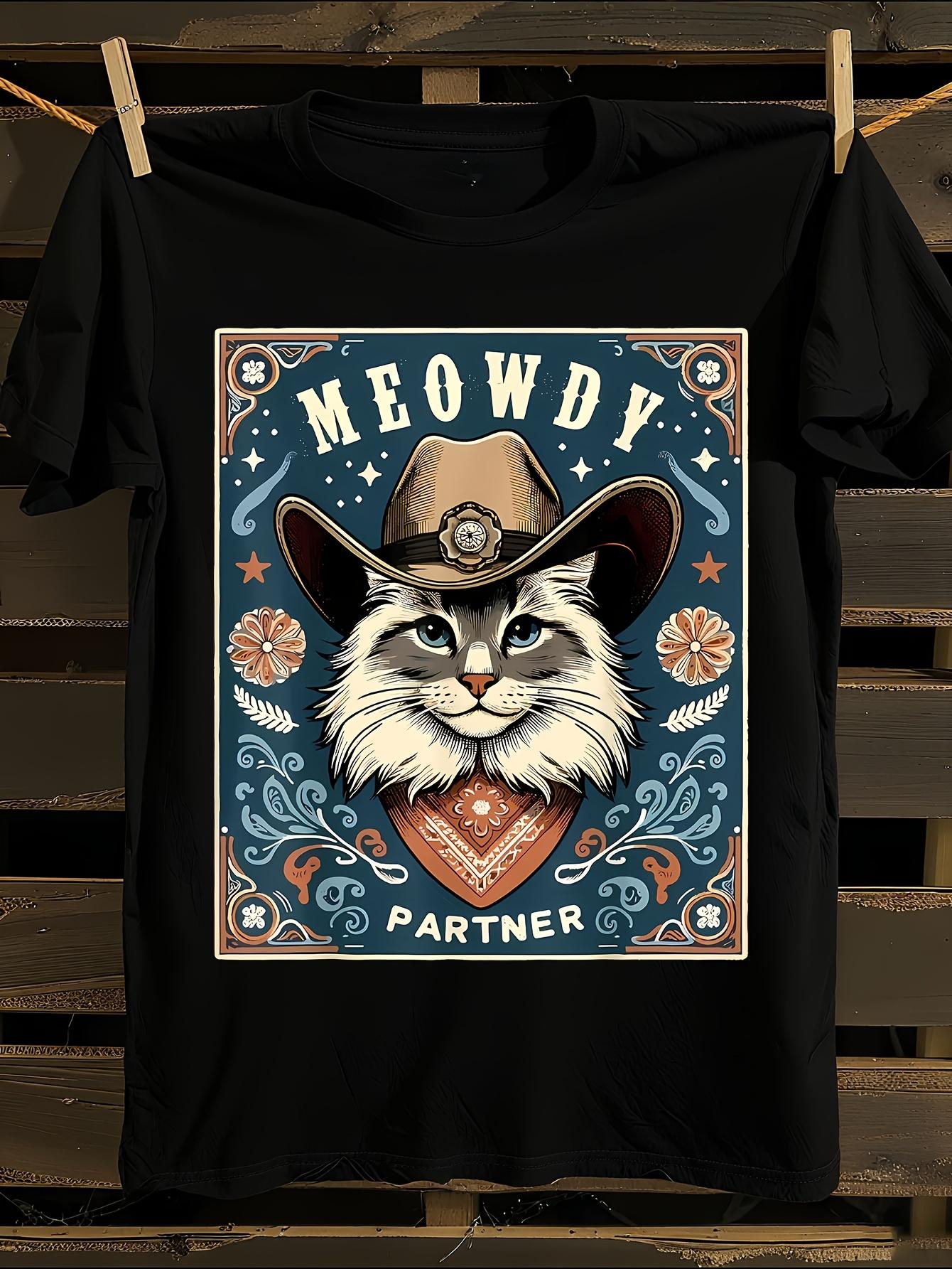 s Funny Cat Meowdy Partner Western Graphic Tshirt S