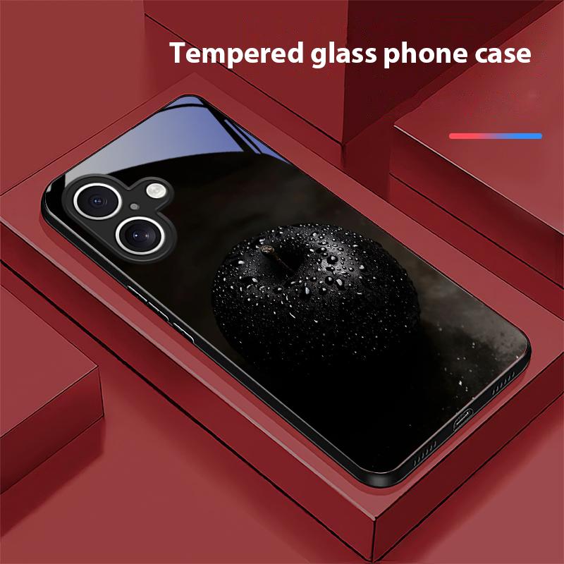 Black Apple Stone For Apple IPhone 16E 16 E 11 13 15 P Ro 14 Pro Max 12 Mini 7 8 Plus XR X XS Black Tempered Glass Phone Case