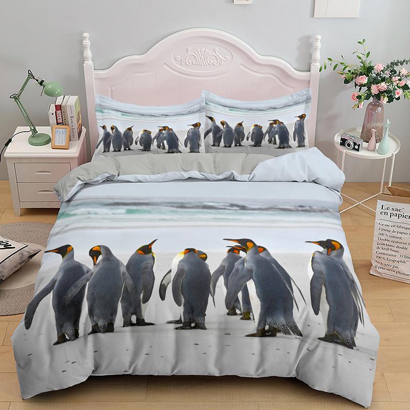 Penguin King Queen Duvet Cover Lovely Black White Antarctic Animals Bedding Set For Kids Wildlife 2/3pcs Polyester Quilt Cover