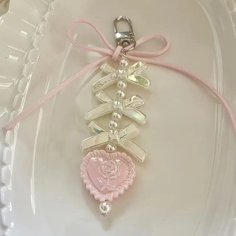 1Pc Korean Ins Cute Heart Bow Beaded Phone Lanyard Kawaii Girl Phone Case CCD Pendant Decoration Key Chain Backpack Charm Strap