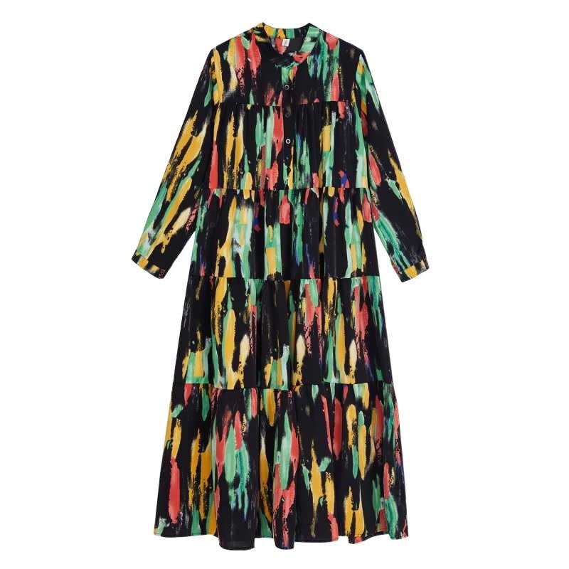 Real Spot Spring and Summer New Loose Large Size Fashion Printing Splicing Long Sleeve Cake Dress Dress