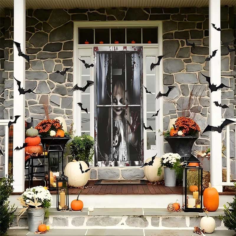 1Pcs Halloween Window Silhouette Decora Halloween Boy Girl Scary Banner Blood Ghost Window Cover Horror Theme Window Poster 2025