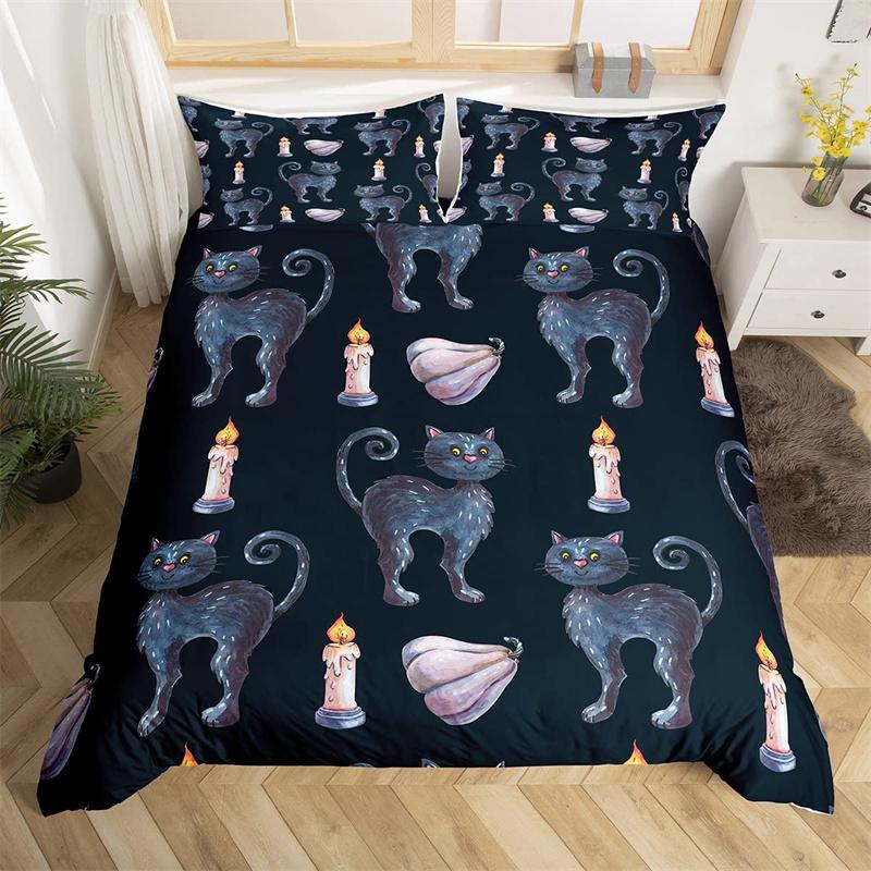 Cute Halloween Cat Duvet Cover Mystery Castle Bedding Set For Kids Teen Microfiber Misty Forest Bat Quilt Cover Queen Bedclothes