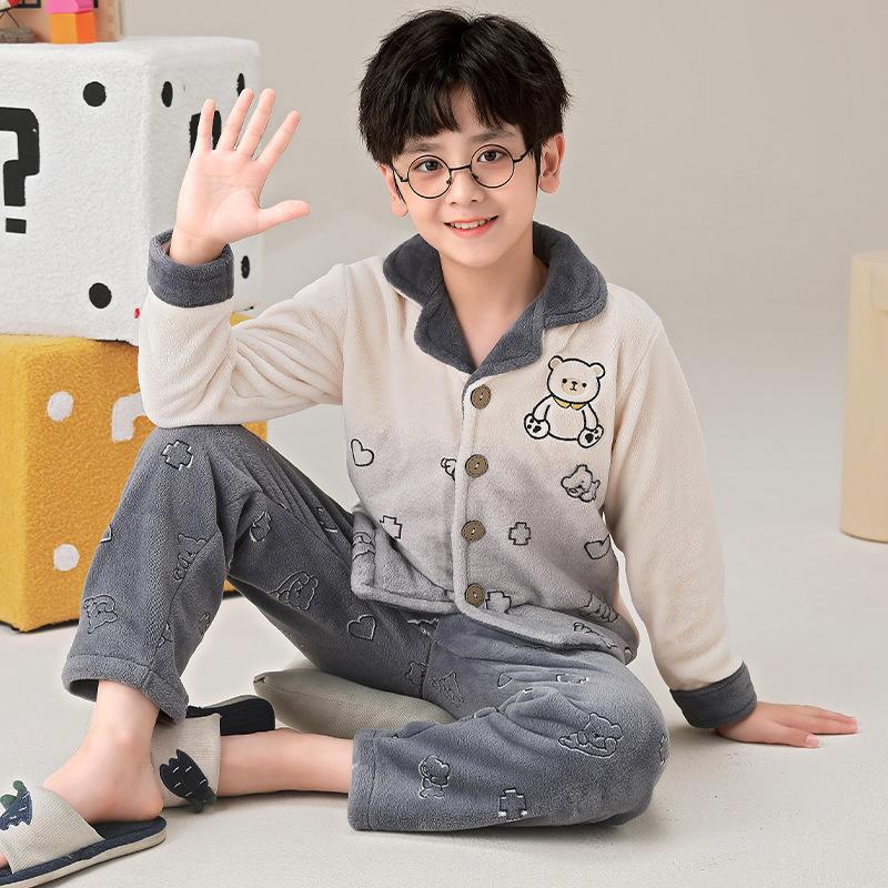Kids Flannel Pajamas Set Boys Girls Warm Long Sleeve Top And Pants Sleepwear Winter Home Nightwear