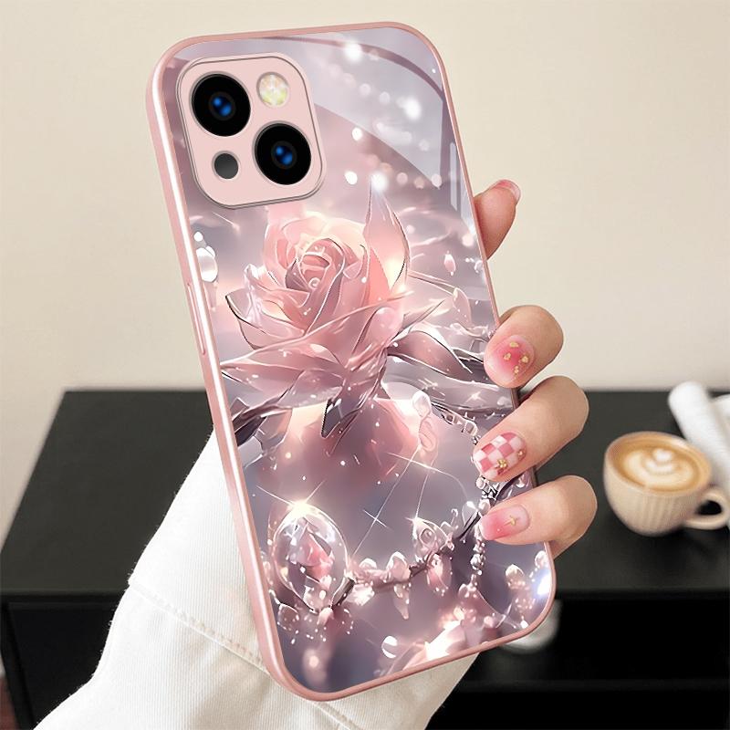 Crystal Pink Rose Glow Pink Metallic Glass Phone Case For iPhone 11 12 13 14 15 16 17 Pro Max Plus 17Air 16E 7 8 Xr XsMAX Cover