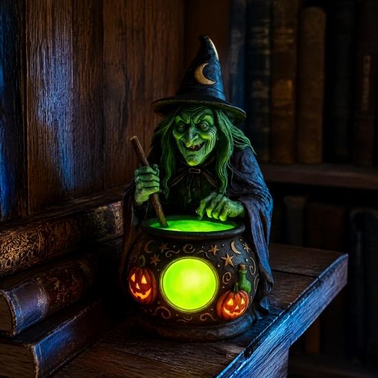 Artesanías de Resina Hechas a Mano Lámpara Caldero de Bruja de Halloween, Adorno de Estatua, Accesorios de Habitación Artísticos Decorativos Espeluznantes Luz para Escritorio Mesa