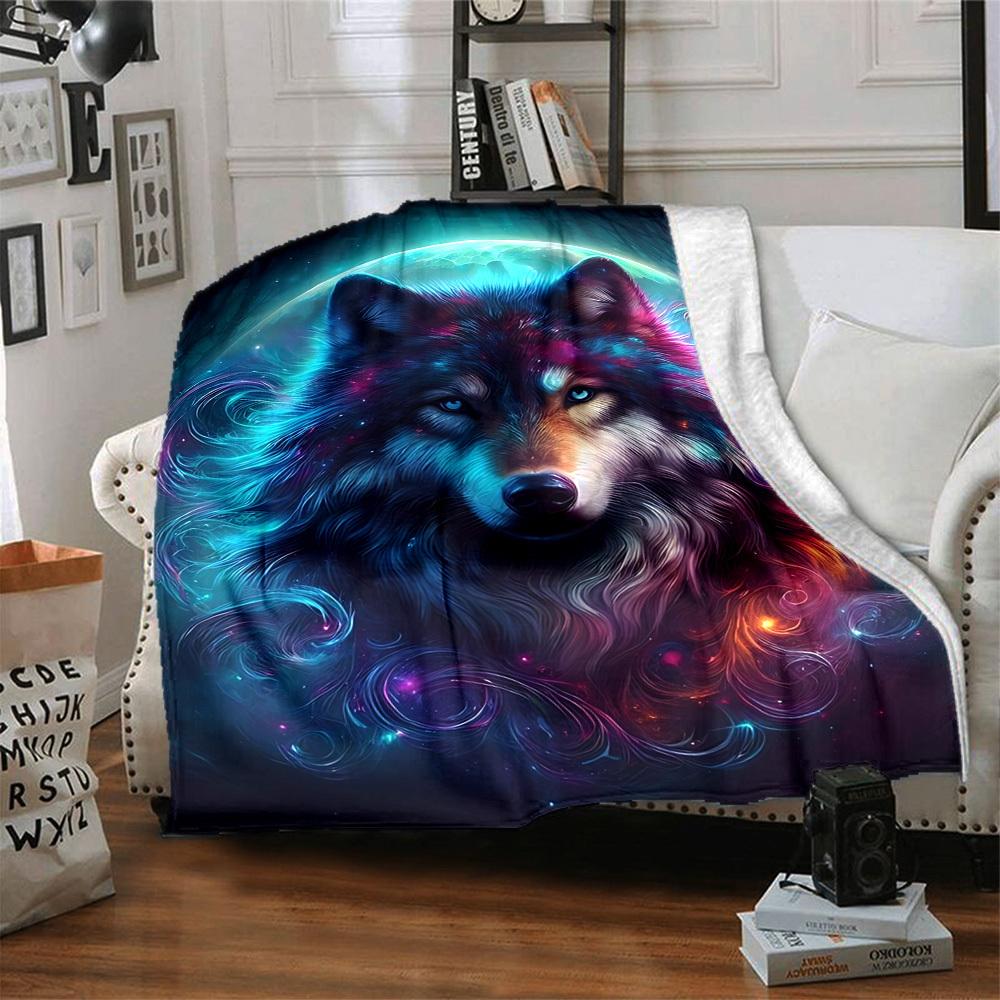 1pc Wolf Galaxy Art Blanket Lightweight Flannel Blanket Throw Blanket For Sofa, Bed, Travel, Camping yy2509026139
