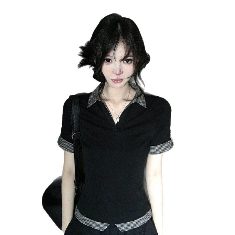 College style polo shirt short-sleeved T-shirt women's summer new Korean plaid splicing slim and thin fake two-piece top