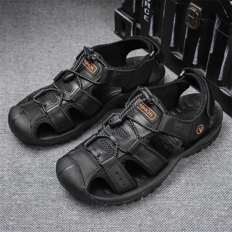 

Мужские сандалии из натуральной кожи, летняя обувь большого размера для улицы, для ходьбы, мужские сандалии, мужские шлепанцы, большой размер 38 чёрный