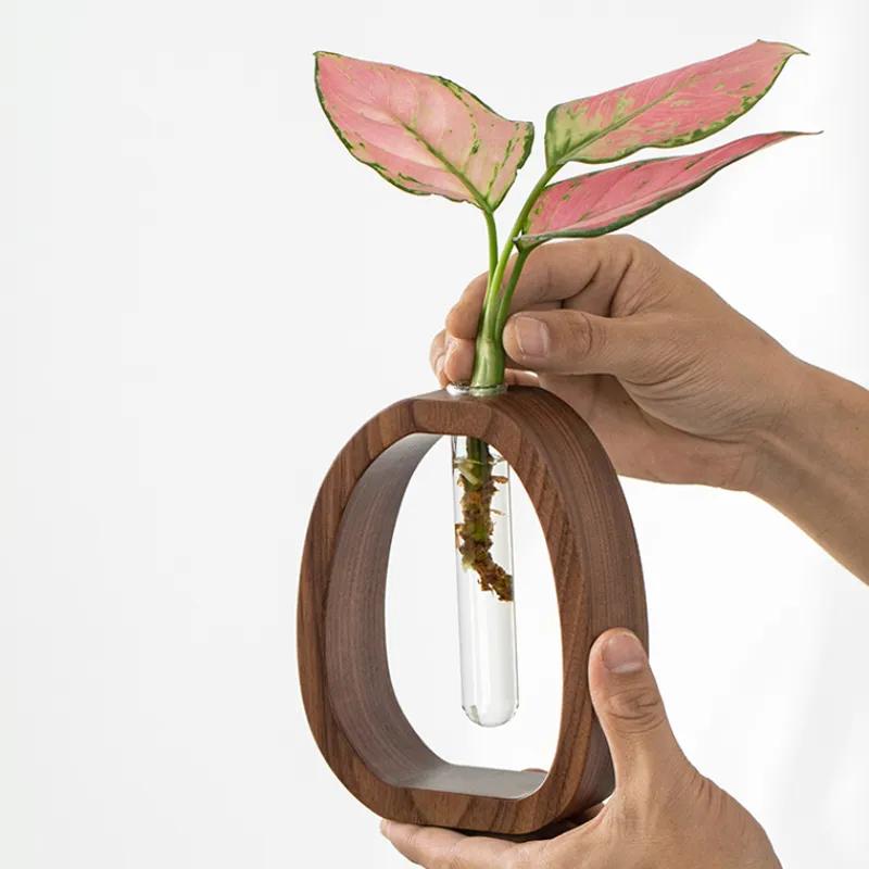 Walnut Solid Wood Vase Creative Flower Arrangement Ornament Simple Glass Plant Flower Arrangement Mini Water Nourishing Vase YLE442