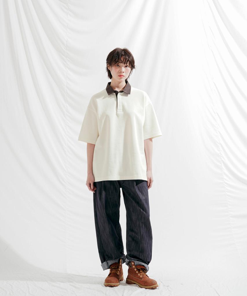 JEMUT Work Oversized Collared Short Sleeve T-Shirt Cream Sost2568