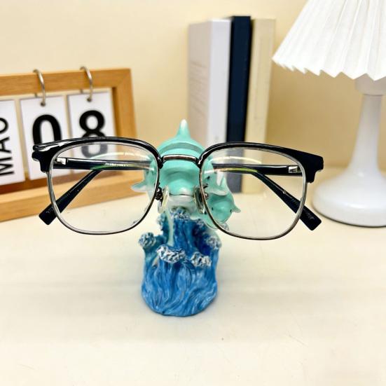 Dolphin Eyeglasses Holder, Coastal Style Glasses Stand with Blue Wave Design, Waterproof Resin Desktop Figurine Ornament for Study Desk Home Office &