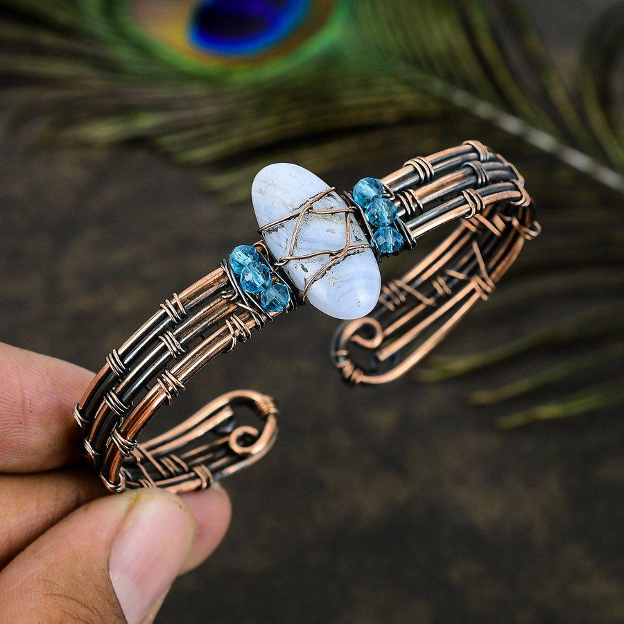 Natural Blue Lace Agate Gemstone Copper Wire Wrap Cuff Bangle Adjustable k7A58