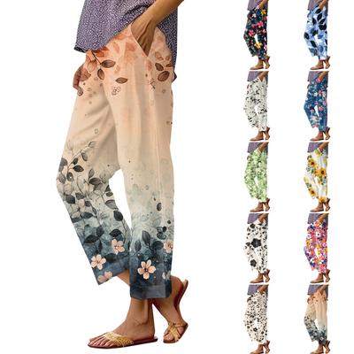 Damen Modische Hose mit Blumenmuster, gerades Bein, Tasche, elastischer Bund, lässige Hose