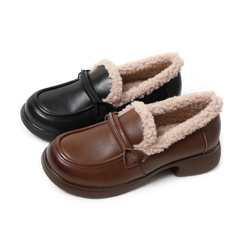 Fashion GKTINOO Women Loafers Genuine Leather with Warm Plush Shoes Square Heels Classic Fashion Winter Leather Shoes Women Big size 42