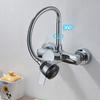 Wall Mounted Double Hole Kitchen Lead Free Hot and Cold Water Mixing Faucet Water Flow Spray Aerator 360 Degree Rotating Hose