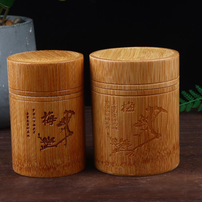 Carved Bamboo Tea Storage Box Lid Seal Tea Canister Food Spice Nut Box Organizer Kitchen Storage Jars Accessories