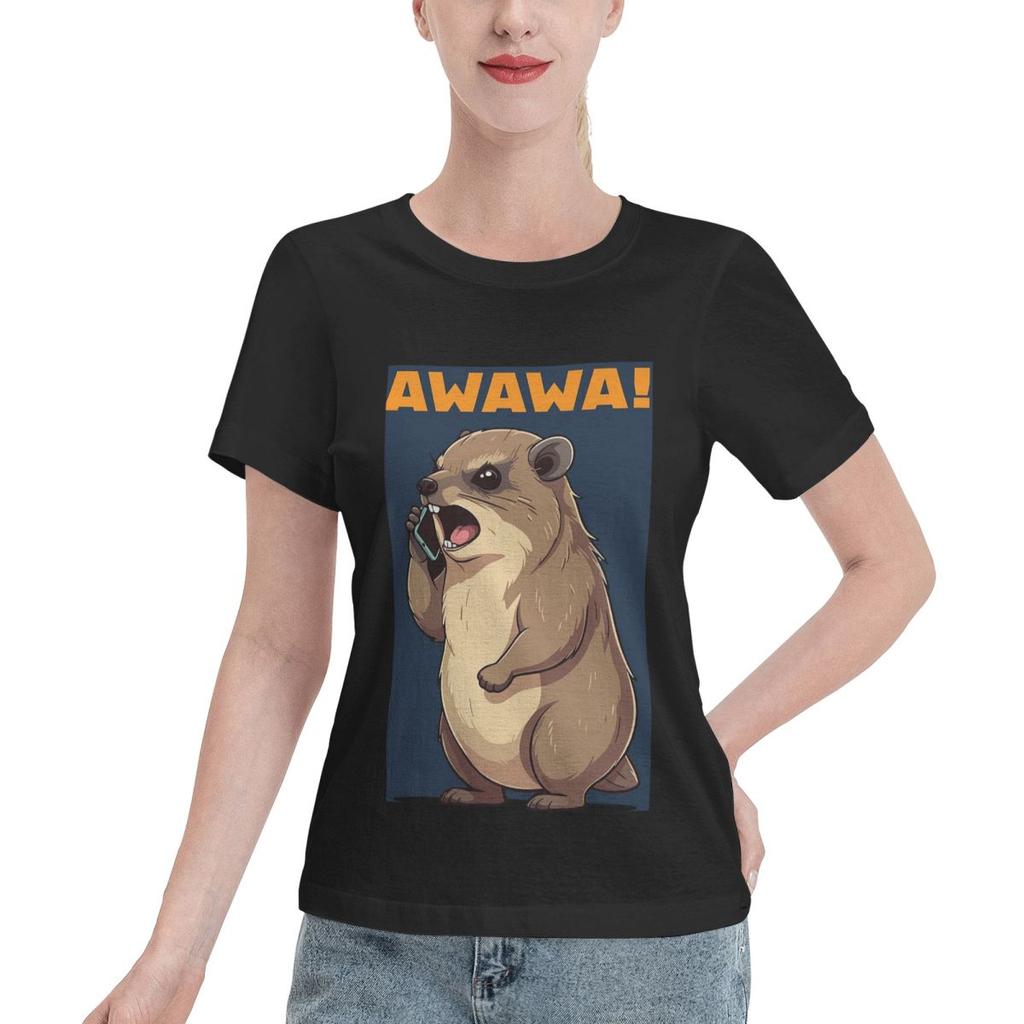 Rock Hyrax Awawa On Phone Groundhog Dassi TShirt Women Short Sleeve T Shirts Round Neck Clothes Cotton Summer Tees Streetwear