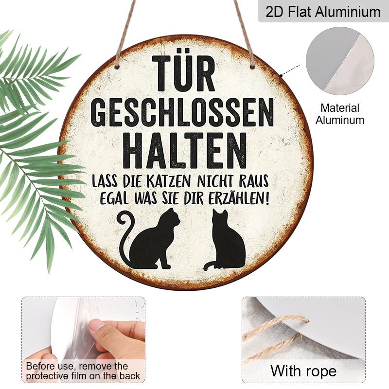 2D Flat, 1pc German "Keep Door Closed" Cat Warning Sign - German Text & Cat Silhouettes, Vintage-Modern Aluminum Door Hanger for Cat Owners, /Outdoor