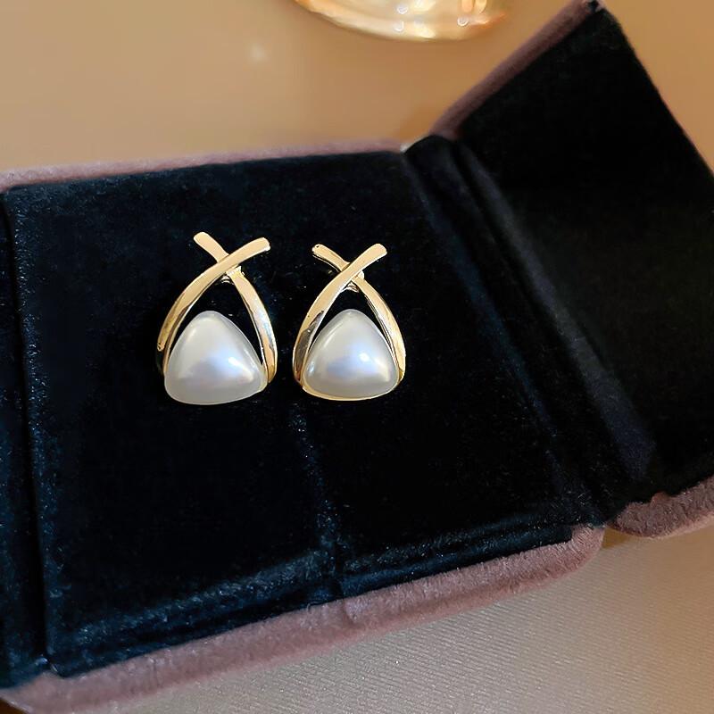 Light Luxury Niche Hollow Geometric Imitation Pearl Stud Earrings Femininity Triangular Cross Earrings