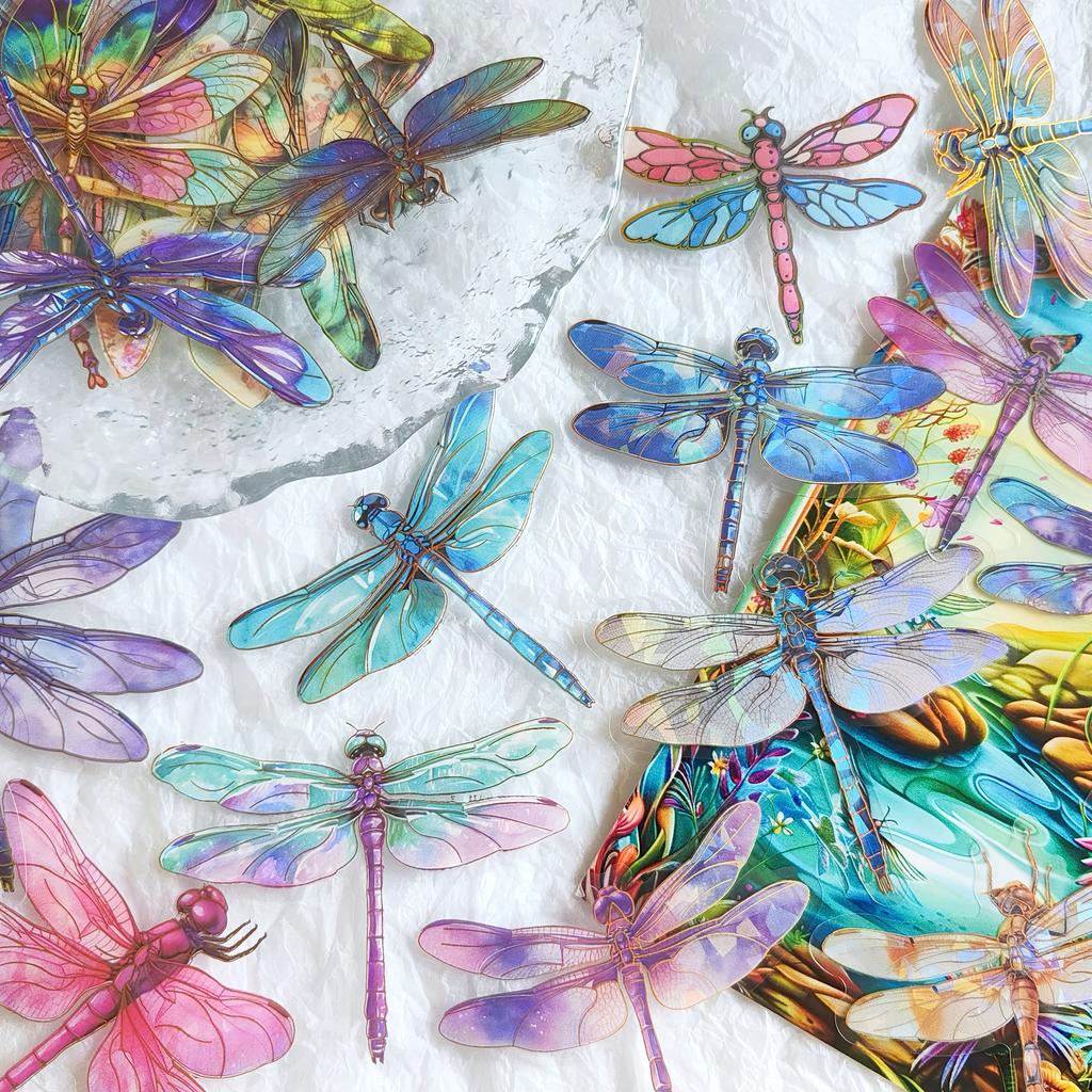 30pcs Vibrant Dragonfly Graffiti Stickers Self-Adhesive with Sparkling Laser Effect Iridescent Vinyl Decals for Scrapbooking, Journaling & DIY Crafts