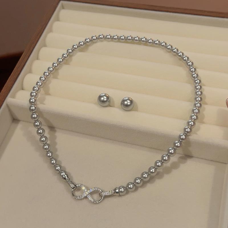 Pearl Set, Necklace, Stud Earrings, Eight-Figure Buckle Stacked, Double Chain Women'S Earrings.