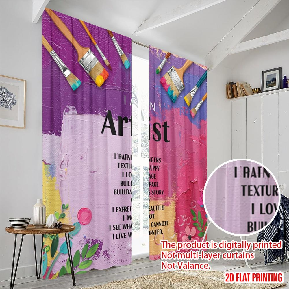 2pcs 2D Flat Printing Curtain I Am Artist Inspired Polyester Without Electricity Birthday Party Use for Home Decor