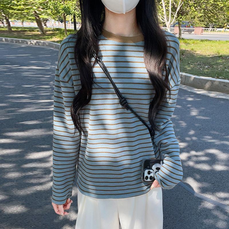 

Контрастная полосатая рубашка с длинным рукавом женская осенняя ленивая свободная и тонкая кофта вязаная с круглым вырезом базовая рубашка One size fits 80-70kg