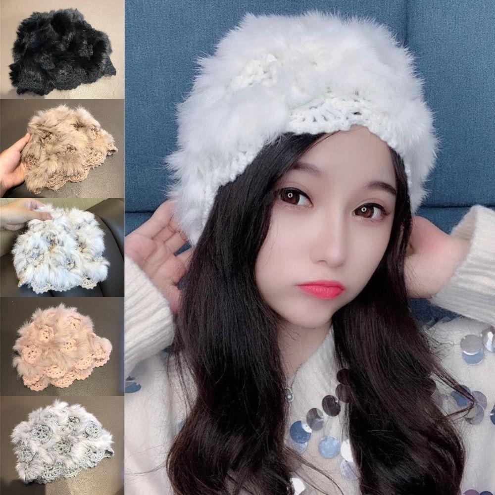 

Plush Knitted Hat Multicolor Toe Cap Versatile Crochet Rabbit Fur Hat Outdoor білий
