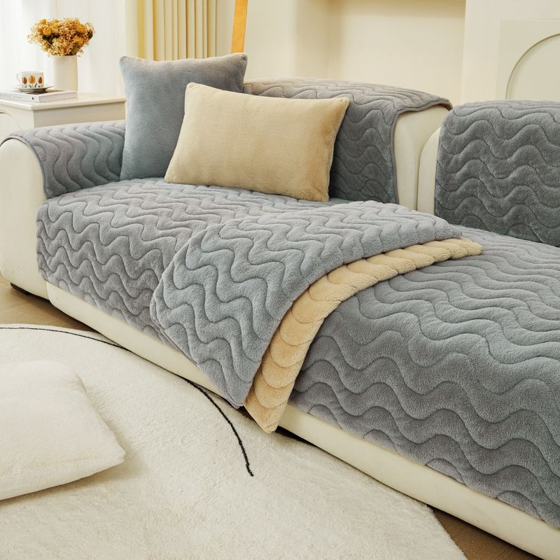 Sofabezug aus Kaninchenplüsch, gehobene Volltonfarbe, gestreift, verdicktes rutschfestes Sofatuch, Wohnzimmer, warme Sofa-Rückenlehne und Armlehnen
