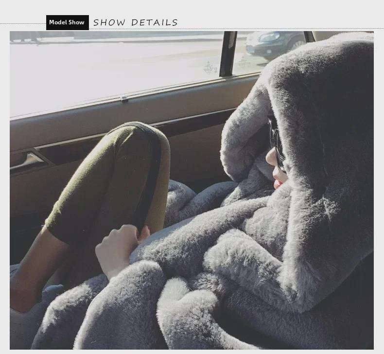 Dámský dlouhý kabát s kapucí na podzim/zimu 2025 s hustou imitací králičí kožešiny rex